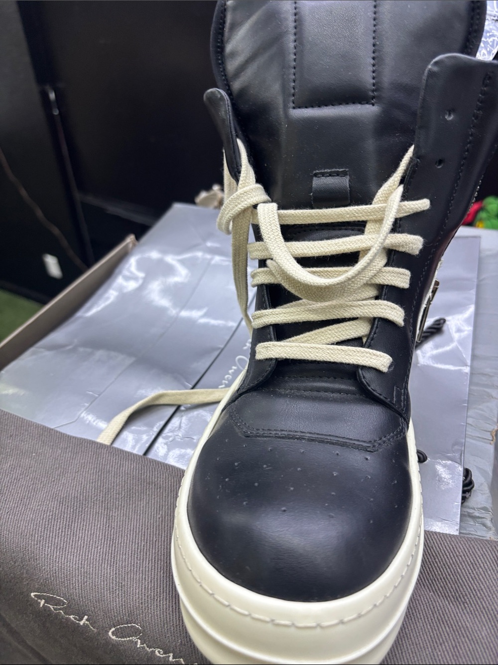 Rick Owens Black Leather High-Top Boot with Cream Laces